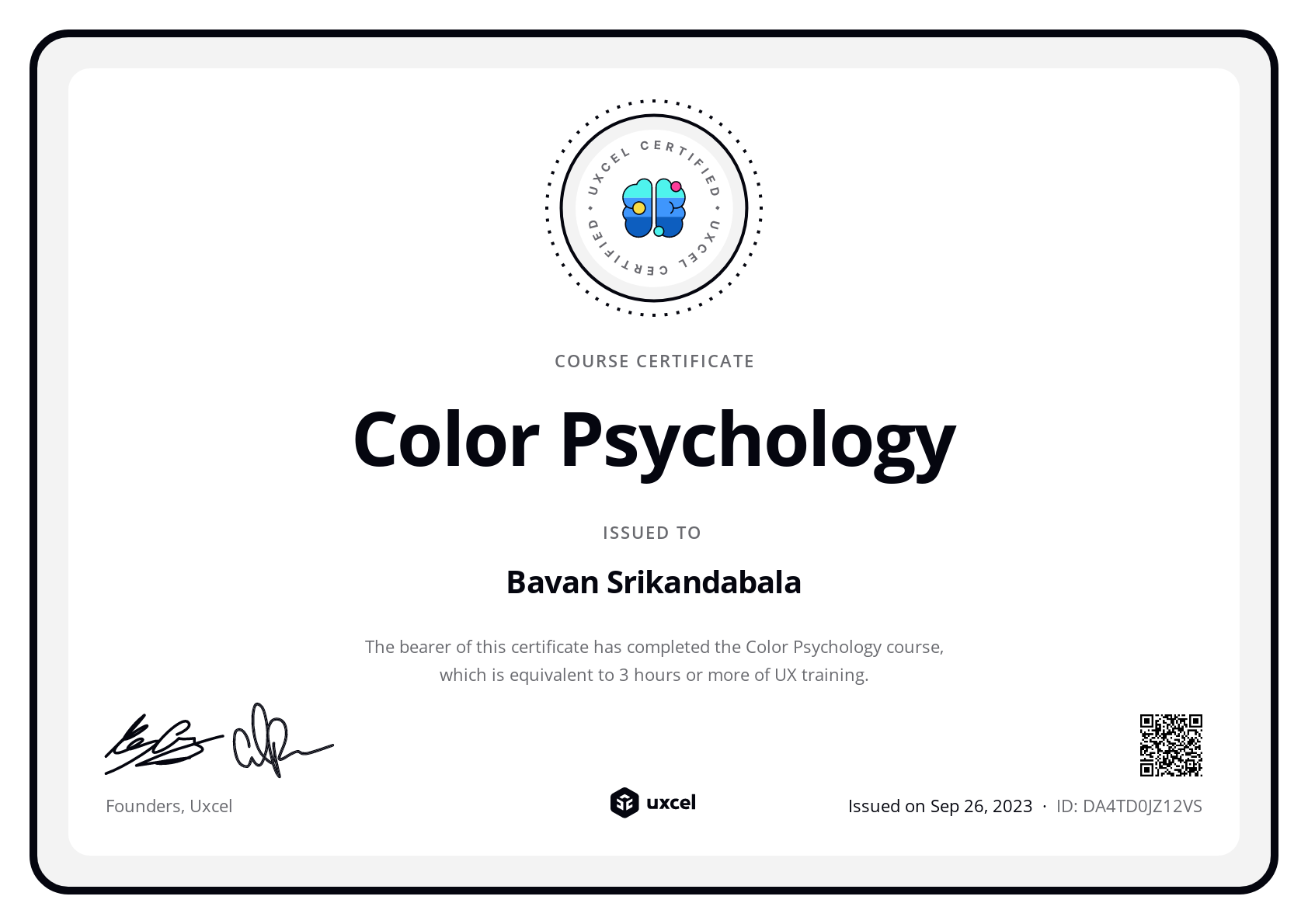 Bavan Srikandabala's certificate